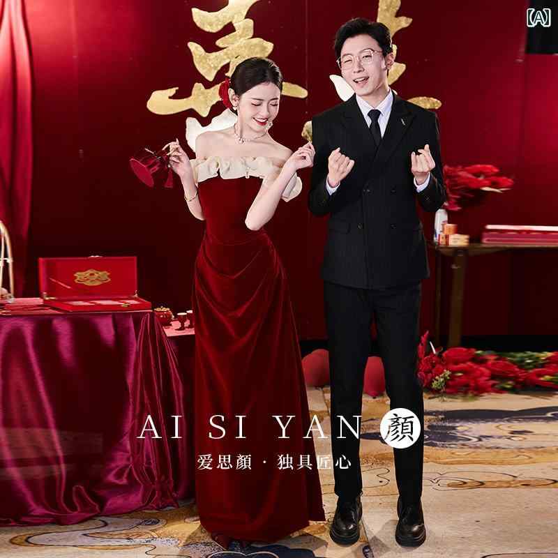 ドレス レディース 新婦 花嫁 婚礼 披露宴 結婚式 二次会 謝恩会 成人式 パーティー 発表会 演奏会 肩出し ワインレッド ボルドー ロングドレス マキシドレス 細身のシルエット 細見え 無地 春夏 フォーマル