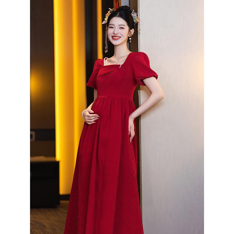 ワンピース マタニティドレス 大きいサイズ ゆったり 結婚式 披露宴 パーティー お呼ばれ フォーマル ハイウエスト 体型カバー Aライン パフスリーブ 半袖 ロング丈 ワインレッド 春夏