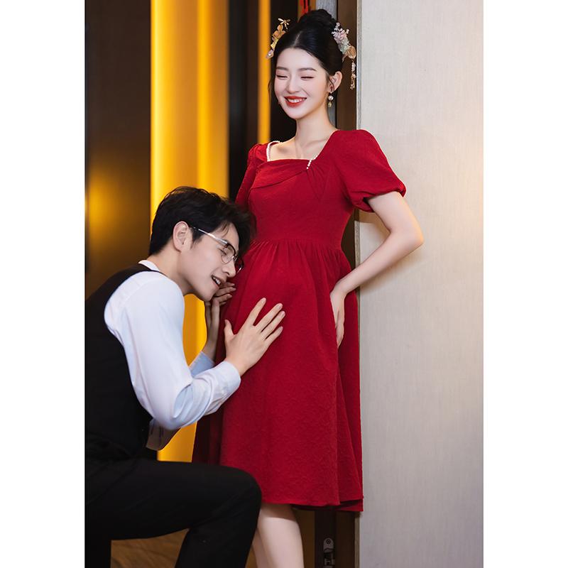 ワンピース マタニティ ドレス 妊婦 大きいサイズ ぽっちゃり 小柄 花嫁 フォーマル ハイウエスト お腹カバー Aライン ミモレ丈 半袖 パフスリーブ スクエアネック ワインレッド 夏 結婚式 披露宴 二次会 お呼ばれ パーティー