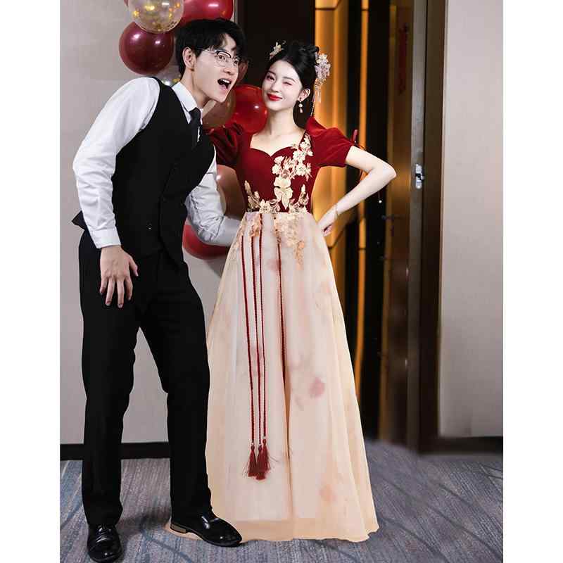 マタニティドレス フォーマルドレス 大きいサイズ 妊婦 体型カバー お腹カバー 披露宴 結婚式 二次会 パーティー 演奏会 夜会服 ロング丈 Aライン スクエアネック パフスリーブ 半袖 夏 ワインレッド