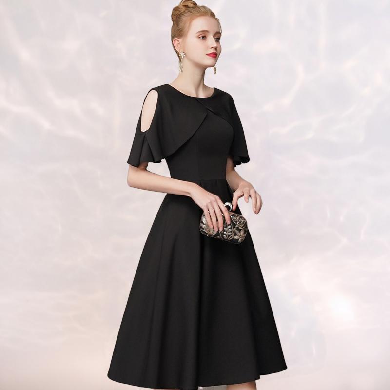 パーティードレス レディース ブラック フレンチスタイル シンプル エレガント 普段使い デート 結婚式 二次会 発表会 成人式 謝恩会 フォーマル 小柄 学生 フリル袖 標準的なウエスト位置 細身