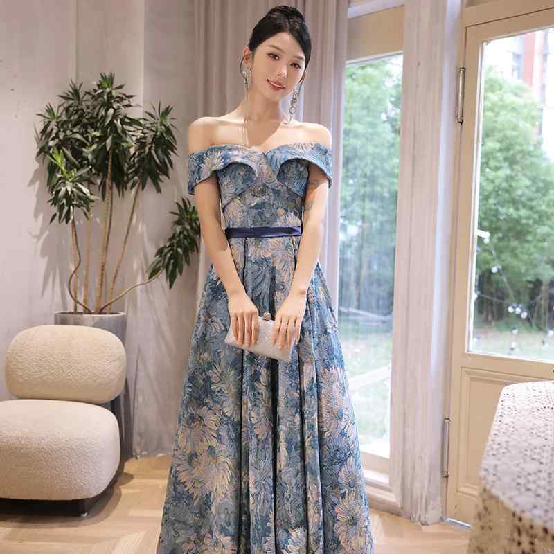 レディース ロングワンピース イブニングドレス 宴会 パーティー 発表会 演奏会 壇上 ステージ フォーマル 高級感 エレガント 上品 個性的 オフショルダー ブルー ポリエステル 春夏