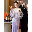 礼服 女性用 紫色 人魚の尾のような形 肩出し きらめく飾り 高級感 正装 結婚式 二次会 披露宴 婚約 成人式 発表会 演奏会 宴会 お呼ばれ 丈の長い 秋冬