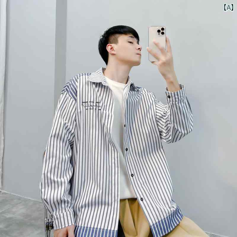 メンズ トップス カジュアル ファッション おしゃれ 秋 トレンド ストリート シティィー ボーイ カジュアル ストライプ 刺繍 長袖 シャツ(4)