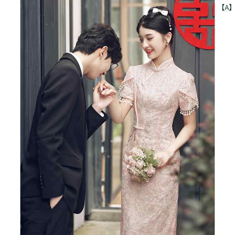 チャイナドレス レディース ピンク 結婚式 披露宴 二次会 お呼ばれ ドレス フォーマル 花嫁 婚約 高級感 上品 エレガント モダン 版 半袖 ミモレ丈 パーティー 秋冬 レトロスタイル