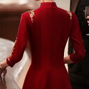 ワンピース レディース ワインレッド ボルドー 中国風 ウェディングドレス 結婚式 披露宴 婚約式 フォーマル 礼服 ロング丈 長袖 刺繍 レトロ クラシック 高級感