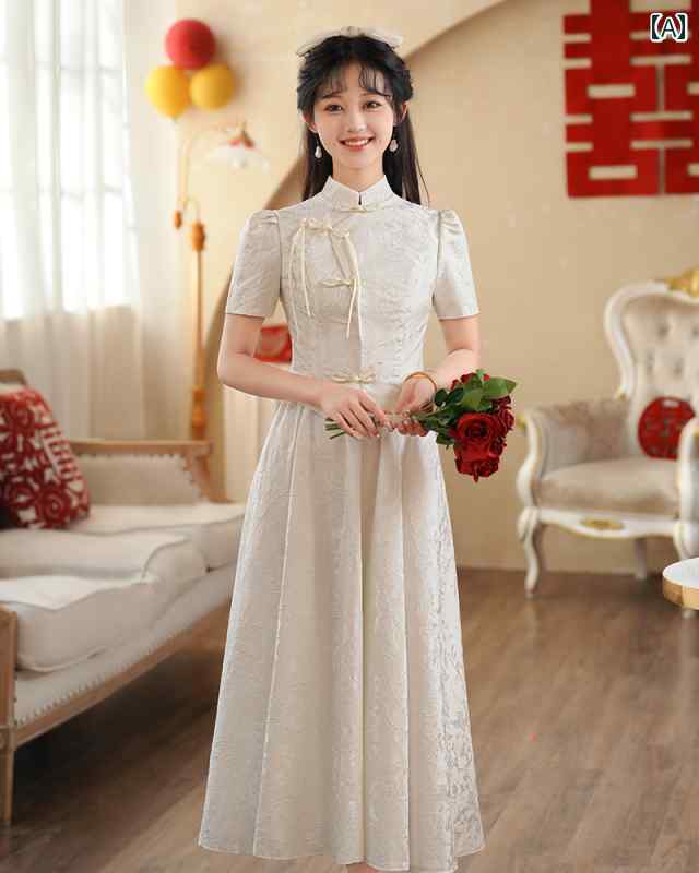 ワンピース レディース ホワイト 結婚式 披露宴 二次会 パーティードレス 中華風ワンピース 入籍 普段使い スタンドカラー 半袖 Aライン ロング丈 エレガント 上品 ポリエステル 春夏