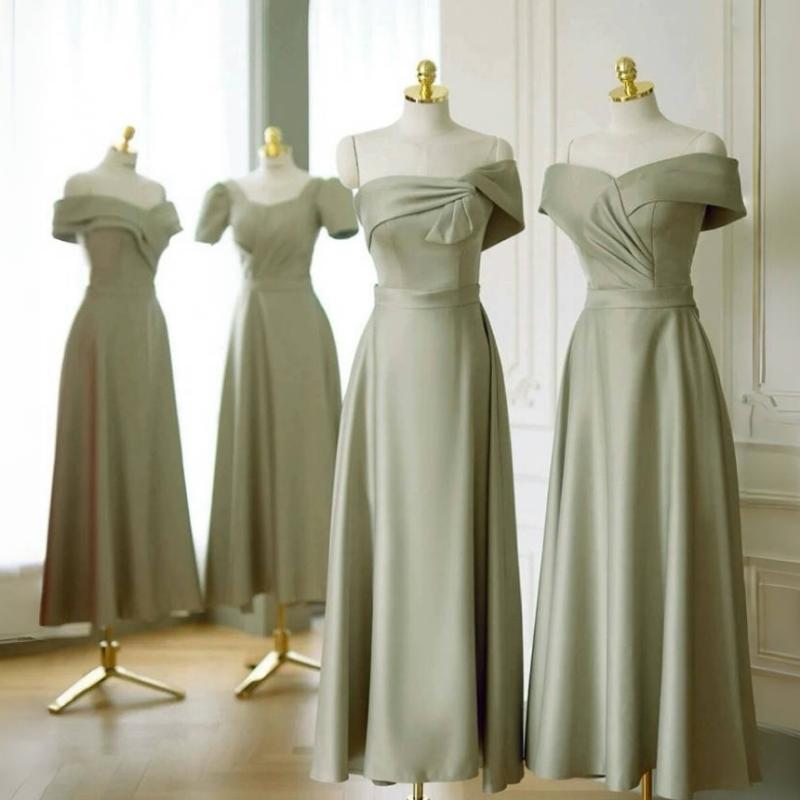 ドレス レディース 結婚式 お呼ばれ 二次会 パーティー ブライズメイドドレス グリーン 緑 サテン調 光沢感 高級感 エレガント 上品 Aライン オフショルダー ロング丈 半袖 スタイルアップ 着痩せ シンプル 普段使い 春夏 ポリエステル