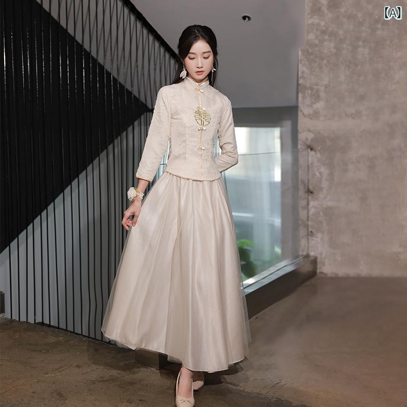 チャイナドレス レディース 結婚式 花嫁付き添いドレス シャンパンカラー フォーマル ロング丈 Aライン 体型カバー 着痩せ 細見え 高級感 上品 エレガント レトロ 中国風 立ち襟