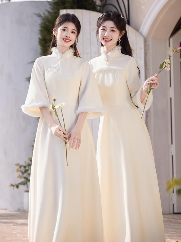 Occidental Goods - 花嫁介添人ドレス 女性用 淡い金色 秋冬 長い丈 長袖 裏起毛 厚手 保温 裾広がりシルエット 礼装用 礼服 結婚式 披露宴 宴席 お呼ばれ