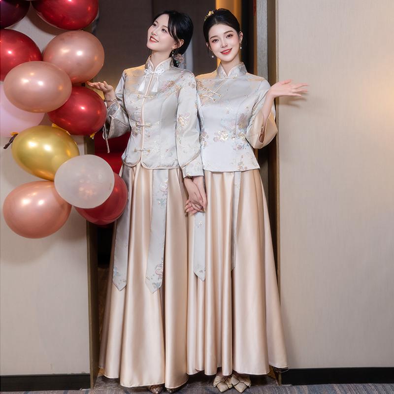 ドレス レディース チャイナ風 長袖 秋冬 カーキ Aライン ロング丈 立ち襟 レトロ 高級感 結婚式 披露宴 パーティ フォーマル