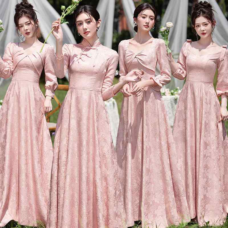 ドレス レディース ピンク 秋冬 長袖 ロング丈 高級感 軽やか エレガント ブライズメイド 結婚式 披露宴 二次会 パーティー 発表会 演奏会 謝恩会 宴会 成人式 Aライン スクエアネック