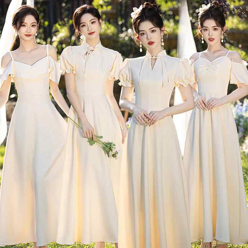 ドレス レディース シャンパンカラー 花嫁の付き添い 結婚式 二次会 パーティー お呼ばれ フォーマル ワンピース サテン ロング丈 Aライン 高級感 上品 普段使い 日常使い エレガント
