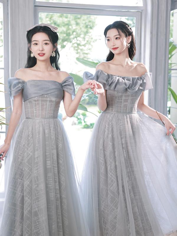 ドレス レディース ブライズメイドドレス オフショルダー 高級感 シンプル エレガント 気軽に楽しめるさ フォーマルドレス パーティードレス ロングドレス ワンピース 結婚式 披露宴 二次会 お呼ばれ グレー トリアセテート 春夏