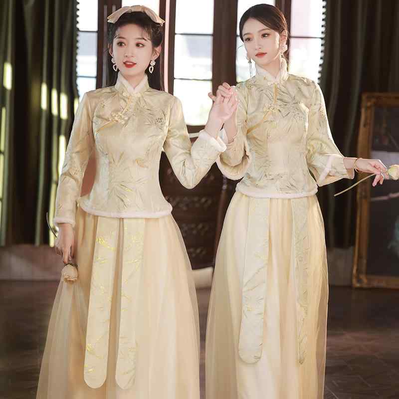 ブライズメイドドレス レディース 長袖 ロング丈 秋冬 厚手 裏起毛 保温 中国風 レトロ 無地 結婚式 パーティー お呼ばれ フォーマル ワンピース 細身の 立ち襟 ポリエステル