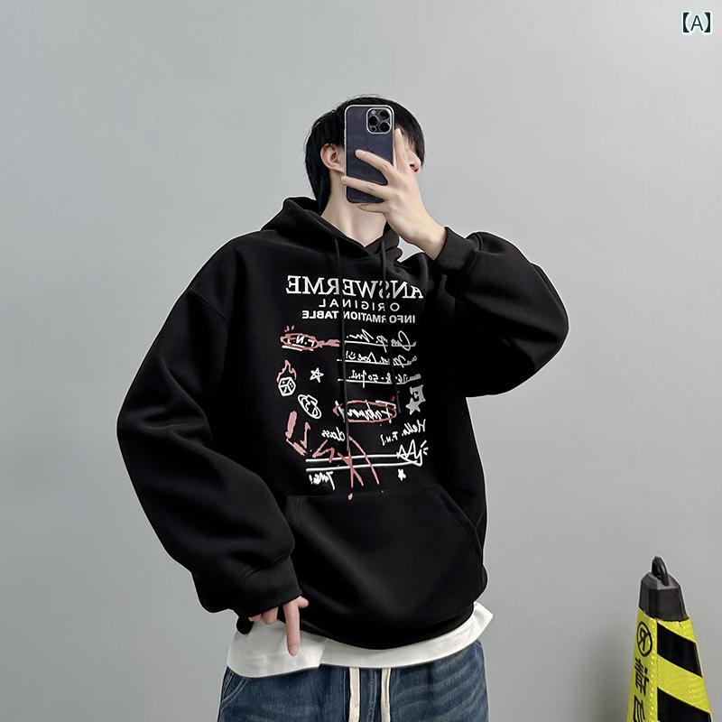 メンズ トップス カジュアル ファッション おしゃれ 秋 アメリカン ヒップ ホップ レター プリント フードスウェット シャツ トレンディ カジュアル プルオーバーパーカー トレンディ