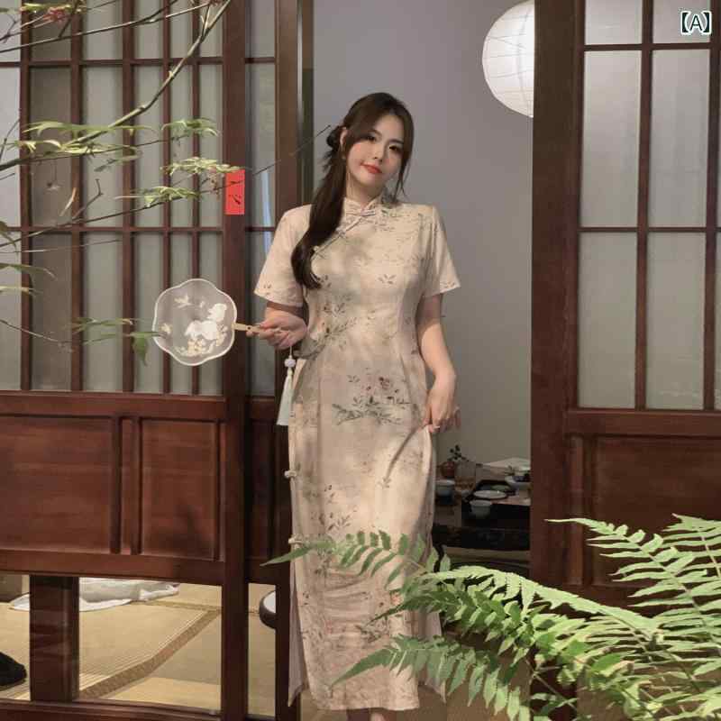 大きめサイズ レディース おしゃれ ファッション メイド チャイナ風 ウエスト シフォン ドレス 夏 半袖 プリント チャイナ ドレス