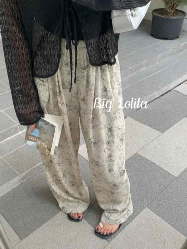 大きめサイズ レディース パンツ おしゃれ ファッション カジュアル ズボン 墨 杏 花 大きめ ロリ 夏 ぽっちゃり ゆったり ワイドレッグ ハイウエスト 立体 裁断 カジュアル ズボン