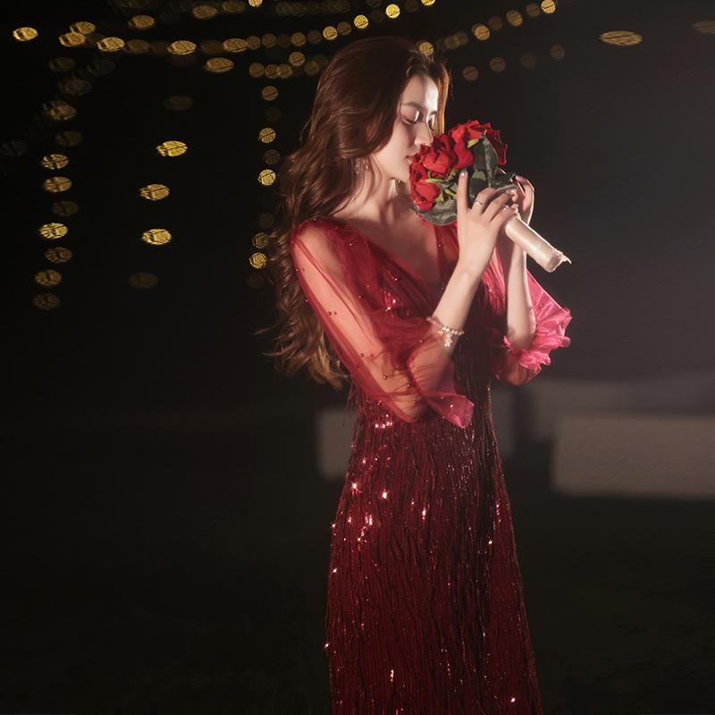 ドレス レディース 花嫁 結婚式 婚約 披露宴 二次会 お呼ばれ パーティードレス 夜会用ドレス ロング丈 長袖 細見え 高級感 エレガント ワインレッド ボルドー 秋冬 Aライン