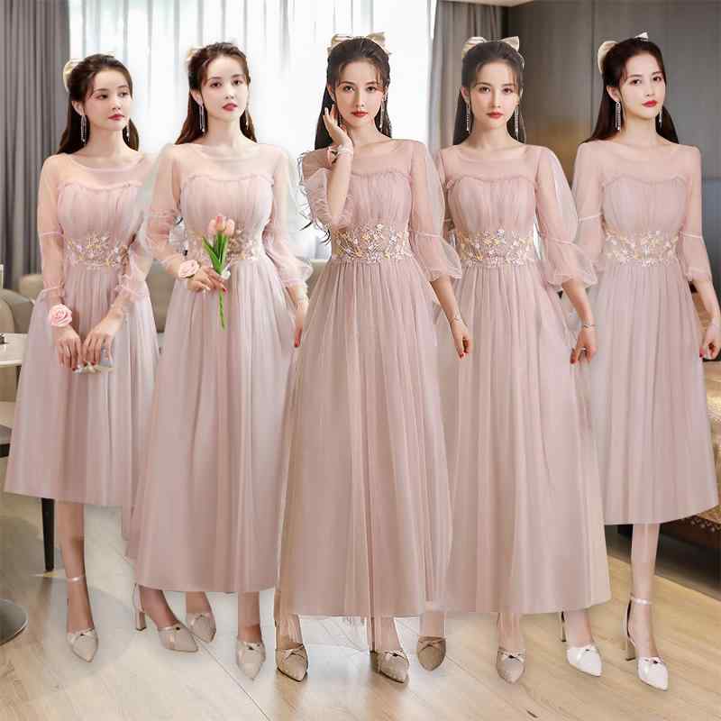 ブライズメイドドレス 女性用 小柄向け 高級感 普段使い 結婚式 パーティー 改まった席にも ポリエステル素材 U字ネック ふんわり袖 七分袖 ひざ丈 細身のシルエット 刺繍入り 無地 ファスナー付き 春夏 ピンク グレー