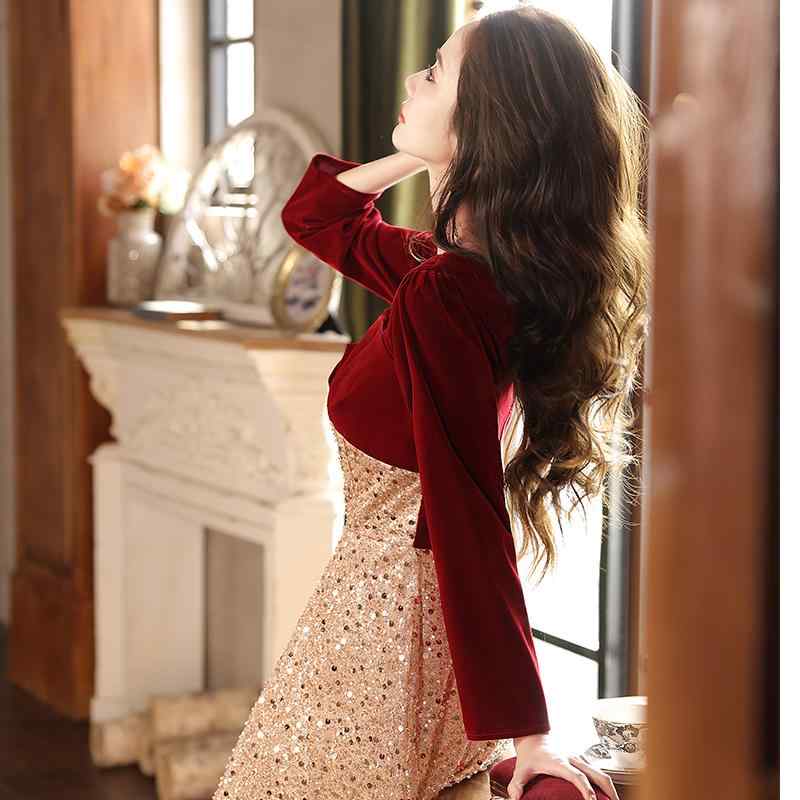 礼服 女性用 結婚式 披露宴 二次会 花嫁 婚約 パーティー 正装 お呼ばれ フランス風 高級感 長袖 スパンコール ロングドレス ワインレッド 秋