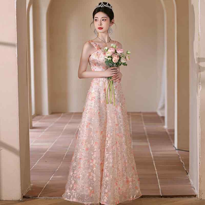 ドレス レディース ピンク ロング丈 フォーマル パーティー 宴会 結婚式 披露宴 発表会 演奏会 ステージ衣装 ノースリーブ ストラップ 上品 高級感 優雅 細見え 秋冬