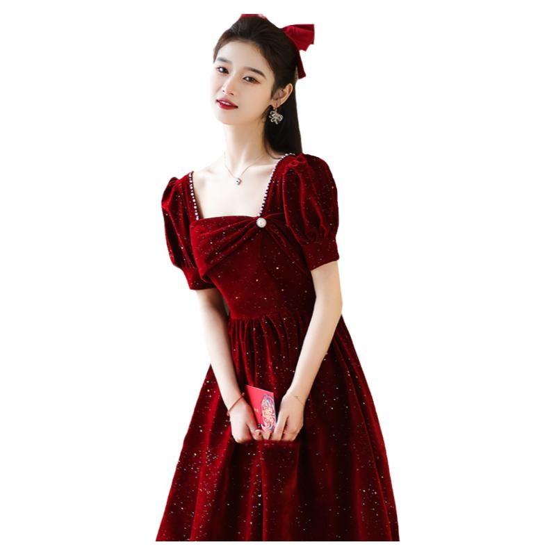 楽天おうち健康生活ドレス レディース ベロア フレンチスタイル 星空 フォーマル 結婚式 披露宴 二次会 パーティー 花嫁 ウェディング 婚約 普段使い カジュアル スクエアネック 半袖 ロング丈 細身 ワインレッド ボルドー 秋冬