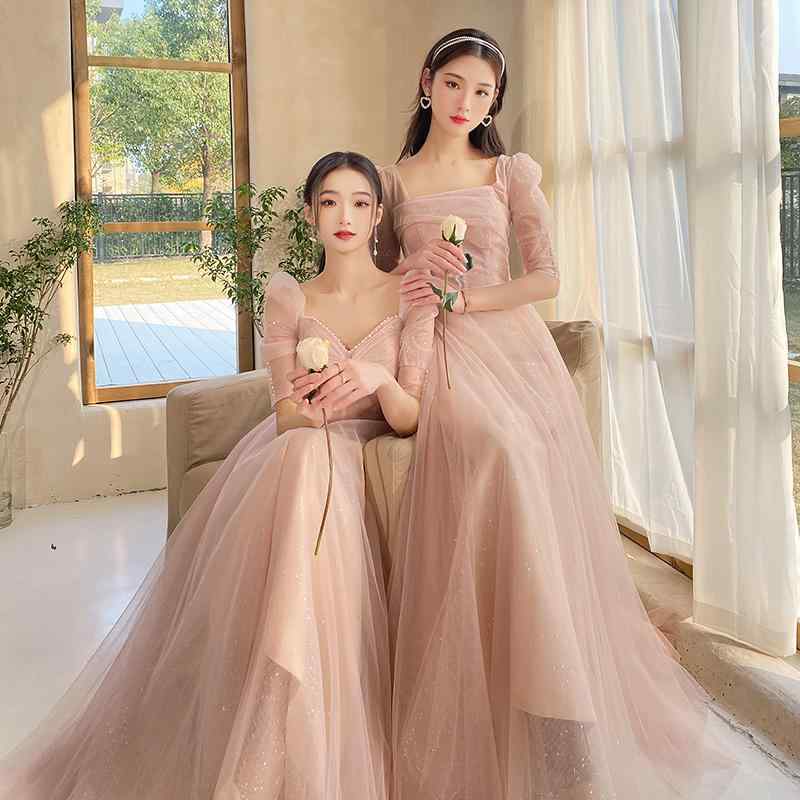 ドレス レディース ピンク ブライズメイド 韓国風 ウェディング 結婚式 お呼ばれ フォーマル ロング丈 エレガント 上品 高級感 シンプル スリム 半袖 スクエアネック 秋