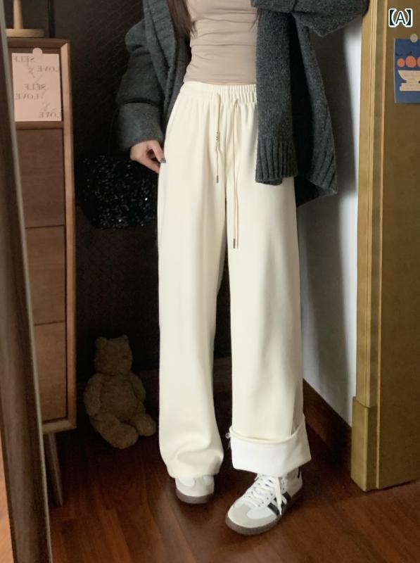 レディース ズボン カジュアル パンツ 秋 婦人服 ソリッドカラー 多彩 起毛 巾着 ワイドレッグ ハイウエスト ドレープ ストレート フロア レングス