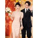 中国風ワンピース レディース ピンク 現代中国風 結婚式 披露宴 二次会 パーティー 花嫁ドレス 普段使い カジュアル パフスリーブ 立ち襟 Aライン ミディ丈 真珠飾り ポリエステル 秋冬