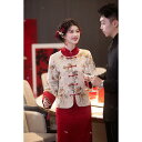礼服 レディース 結婚式 花嫁 披露宴 謝恩会 フォーマル 中国風 セットアップ モダン レトロ スタンドカラー ロング丈 長袖 秋冬 ワインレッド ポリエステル 伸縮性