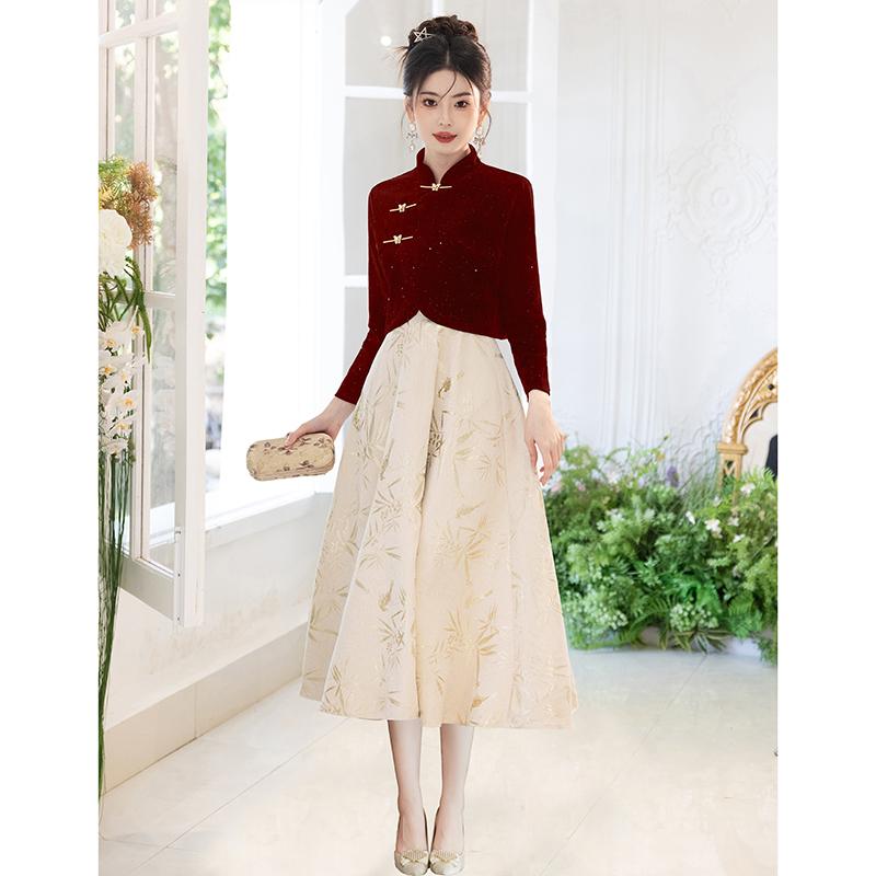 ワンピース モダンチャイナ風 チャイナドレス 結婚式 披露宴 パーティードレス フォーマル 長袖 赤 ワ..