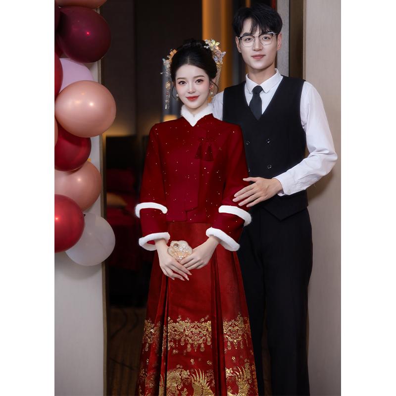 チャイナドレス レディース 中国風のプリーツスカート セットアップ 長袖 ファー袖 ロング丈 赤 ワイン..