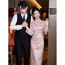 チャイナドレス レディース 新中華風 レトロモダン 結婚式 披露宴 二次会 パーティー お色直し 花嫁衣装 普段使い可 ピンク 長袖 ミディ丈 ポリエステル ストレッチ スリムフィット 春夏