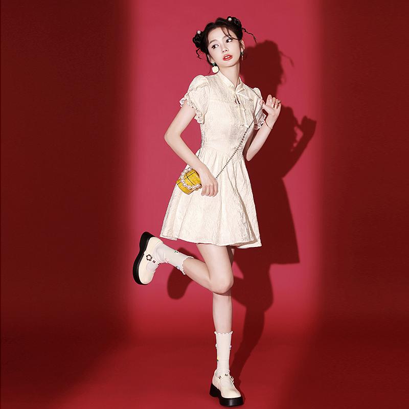 ワンピース レディース 小柄 チャイナドレス 新チャイナ風 淑女風 エレガント 初恋ムード 清純 普段使い 半袖 斜め襟 春夏
