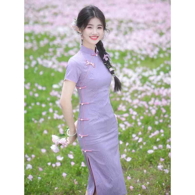 ワンピース レディース パープル チャイナドレス 新中華風 半袖 ミディ丈 低身長 小柄 無地 普段使い 春夏