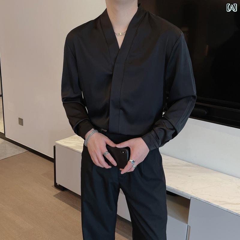 メンズ トップス カジュアル ファッション おしゃれ 質感 Vネック シャツ 黒 長袖 トレンディ シャツ