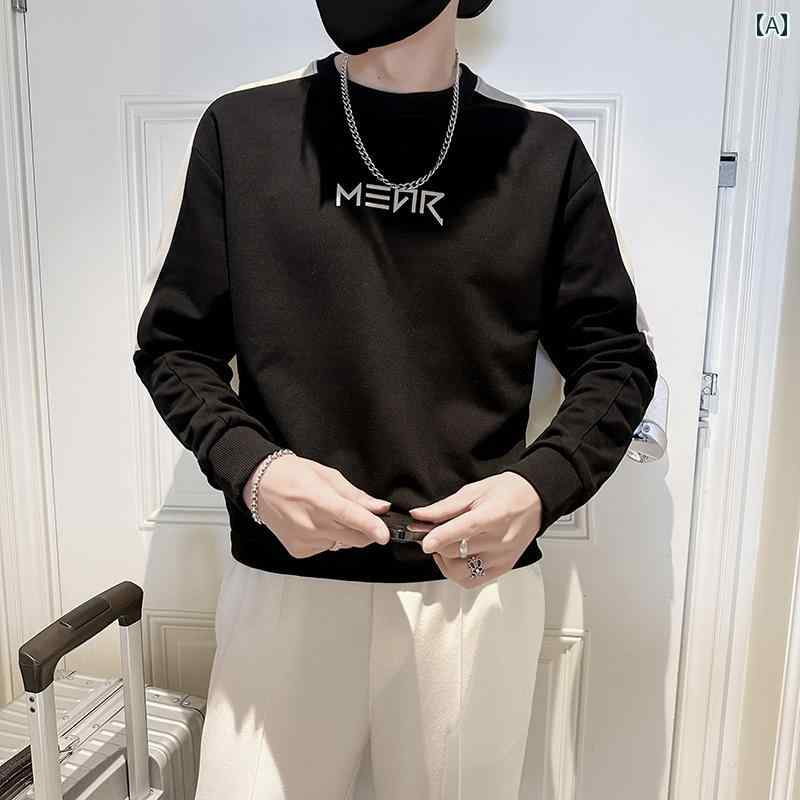 メンズ トップス カジュアル ファッション おしゃれ ラウンドネック レター ジャカード スウェットシャツ カジュアル トレンディ ボト シャツ 春秋 インナー 長袖