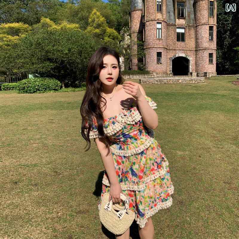 大きめサイズ レディース おしゃれ ファッション 婦人服 リゾート 風 ワンショルダー ハイウエスト 花柄 ワンピース ショート スカート ロング スカート