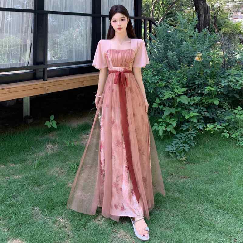 ワンピース レディース 大きいサイズ 夏 高級感 エレガント 着痩せ効果 体型カバー 新中華風 レトロ Aライン 小花柄 メッシュ チュール 薄手 半袖 ロング丈 スクエアネック 通勤(4)