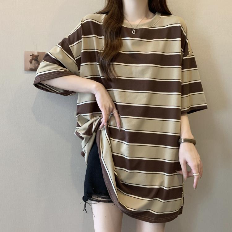 Other - Tシャツ レディース ビッグシルエット ゆったり ストライプ 半袖 カットソー 大きいサイズ プラスサイズ 体型カバー 着痩せ 細見え チュニック丈 ヒップカバー ミドル丈 クルーネック 切り替え カジュアル 普段使い 通勤 春夏 ブラウン ブラック