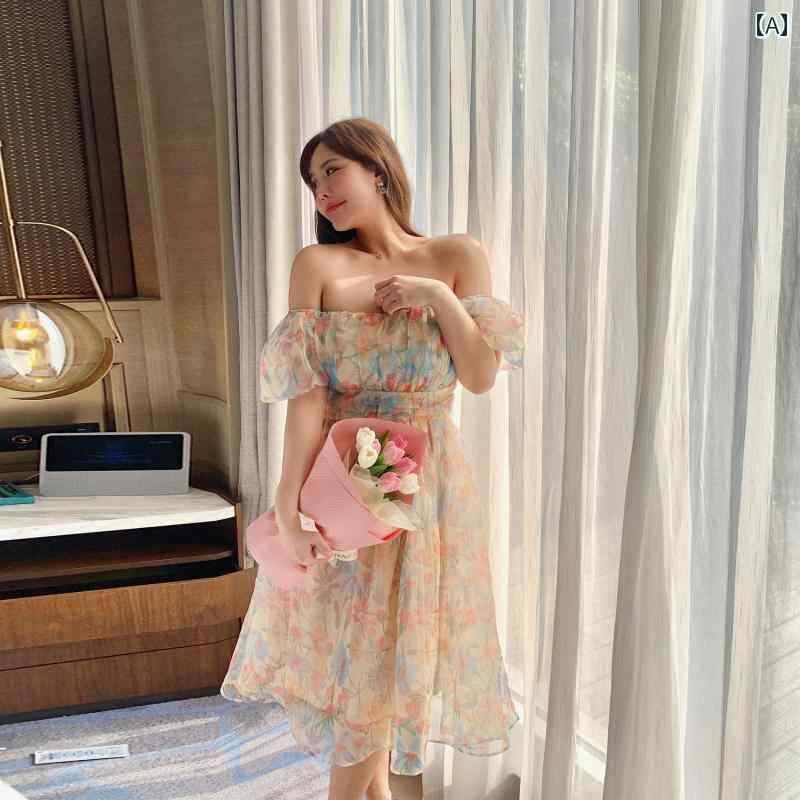 大きめサイズ レディース おしゃれ ファッション 婦人服 夏新 フェアリー フランス 丈 スカート パフスリーブ ワンショルダー ドレス