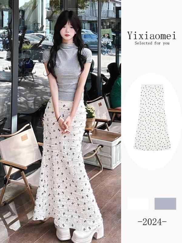 ロングスカート レディース ロマンティック フレンチ 小花柄 韓国風 リゾート ハイウエスト エレガント リボン プリント レース マーメイドライン ポリエステル 春夏