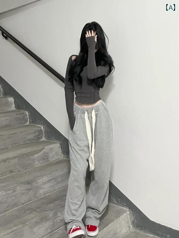 レディース ズボン カジュアル パンツ 秋 グレー 巾着 ストレート ハイウエスト スウェット スポーツ ドレープ ワイドレッグ フロア レングス