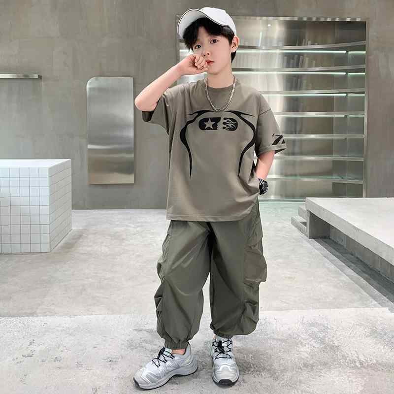 セットアップ 男の子 キッズ ジュニア 韓国風 夏 半袖 Tシャツ ロングパンツ 2点セット 綿 薄手 通気性..