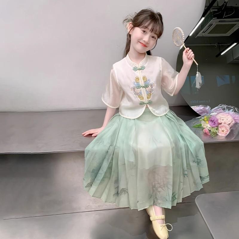 漢服 ガールズ 子供服 セットアップ ネオチャイナ風 ワンピース 馬面スカート 夏物 薄手 刺繍 普段着