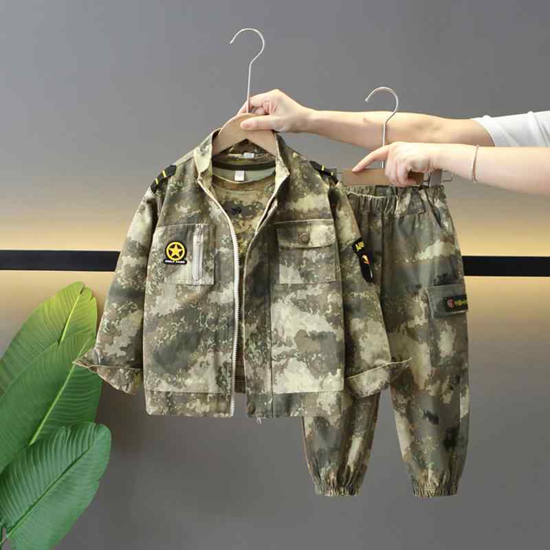 子供服 男の子 迷彩柄 ジャケット 春秋 スリーピース ミリタリー 訓練服 アウター Tシャツ ロングパン..