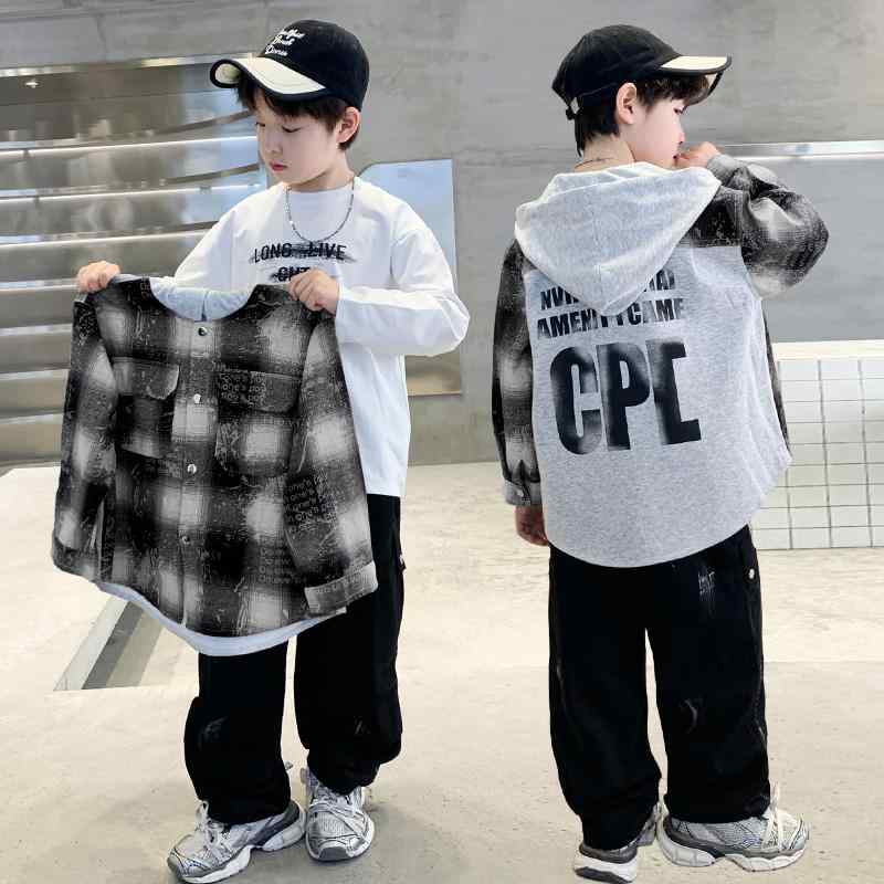 キッズ 男の子 ジュニア スポーツ セットアップ 春秋 綿素材 長袖 ロングパンツ フード付き チェック柄 クール スタイリッシュ