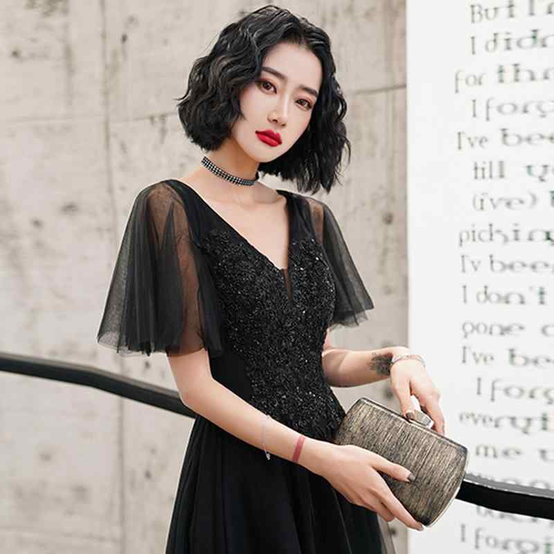 ドレス レディース ブラック 高級感 エレガント Vネック 半袖 ロング丈 フォーマルドレス 結婚式 披露宴 パーティー 謝恩会 卒業式 発表会 お呼ばれ セレモニー