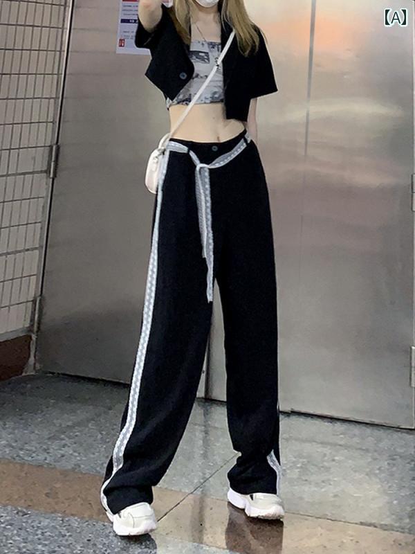 レディース ズボン カジュアル パンツ レース スポーツ 秋 ストレート ハイウエスト ワイドレッグ